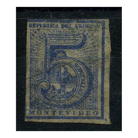 Uruguay 1866-76 5c Blue / pelure ppr, 2 margins, good to fine used. SG29d